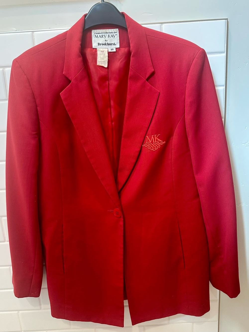 Vintage 80s/90s Mary Kay Red Blazer by Brookhurst - Embroidered Logo Size 8R